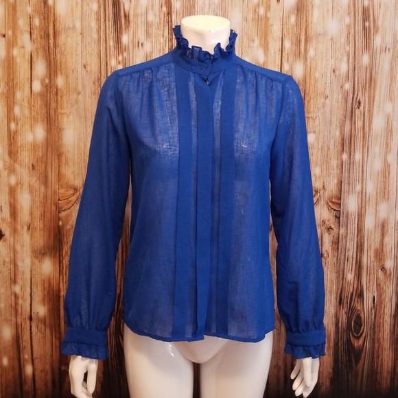 Vintage Tops - {vintage} royal blue high neck button down blouse